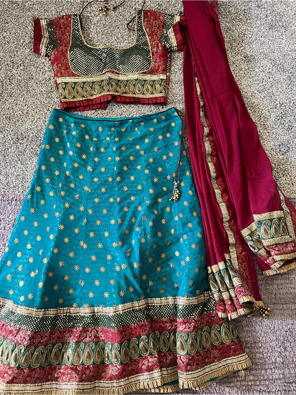 Teal and Maroon Embroidered Women's Lehenga Skirt Set